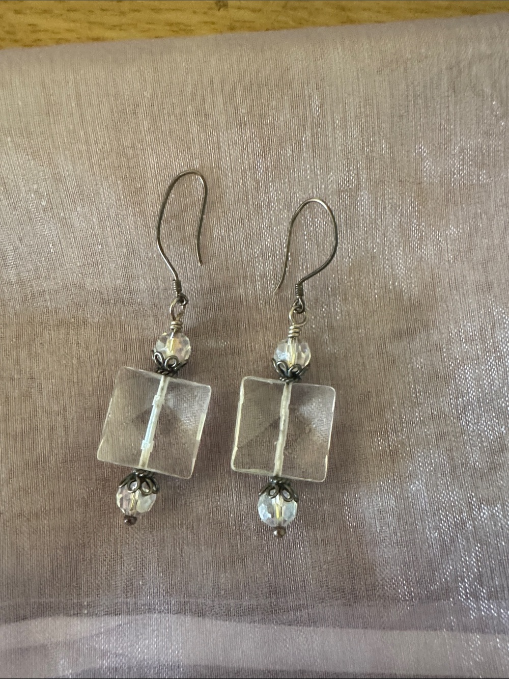 Clear Square Crystal Drop Earrings with Silver Accents